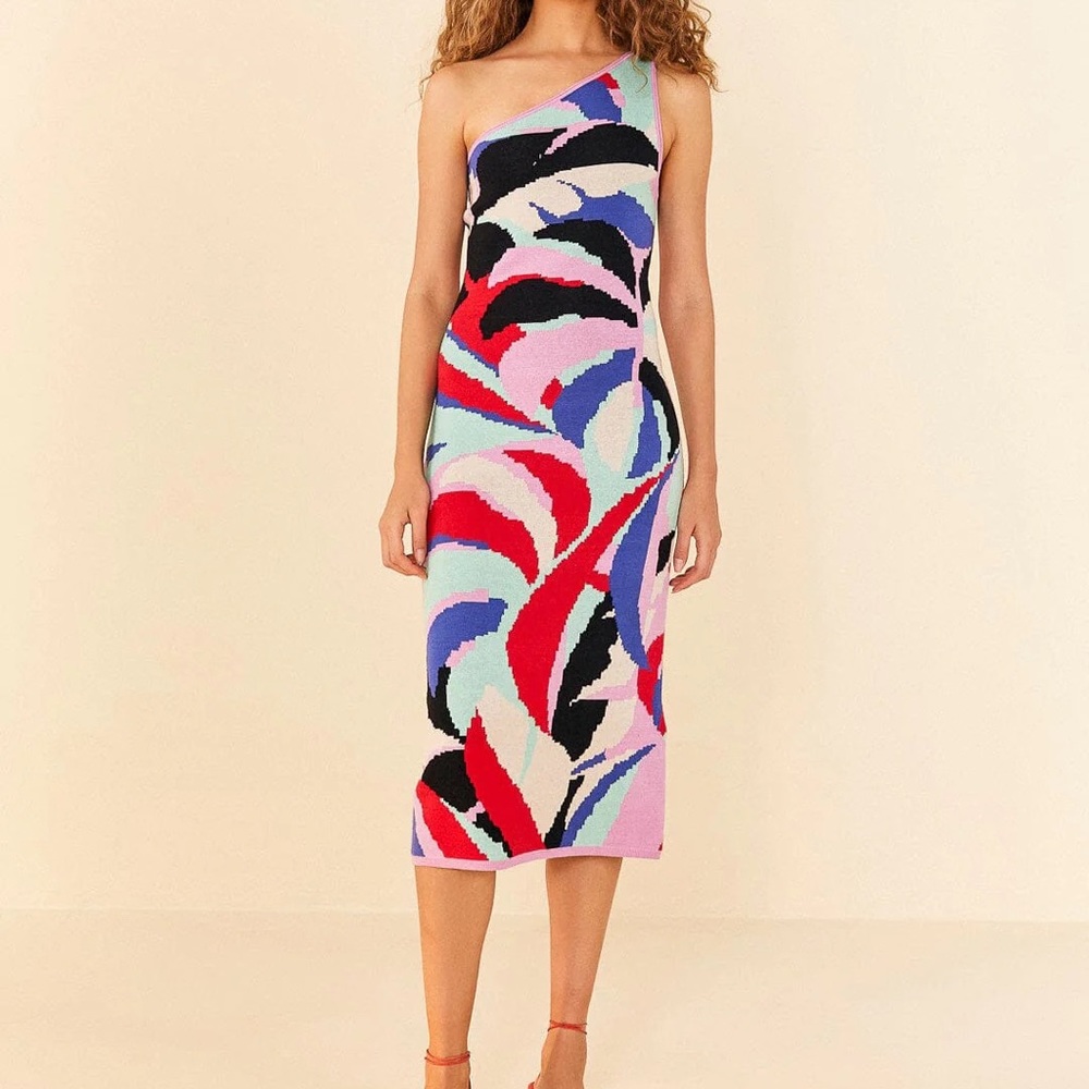 NEW WITH TAG!! Colorful Monstera One-Shoulder Midi Sweater Dress - Farm Rio